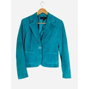 Alfani Suede Leather Jacket Small‎ Teal Blue Button Front Soft Stylish Outerwear